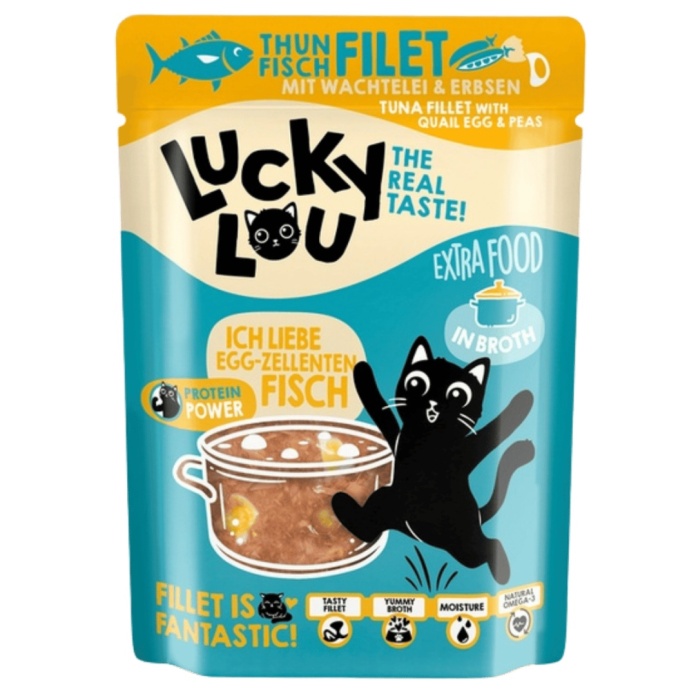 Lucky Lou Extrafood Tuńczyk i jajko przepiórcze w bulionie 70 g - karma uzupełniająca dla kota z filetem z tuńczyka w saszetce